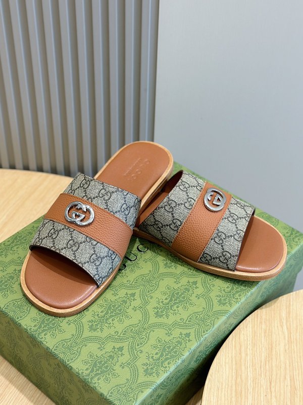 Gucci Lido 남성 더블 G 레더 슬리퍼 001-228019