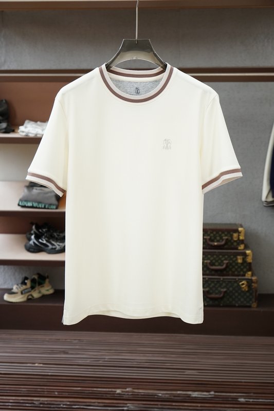 브루넬로 쿠치넬리 남성 자수 가짜 레이어드 라운드 티셔 001-230889