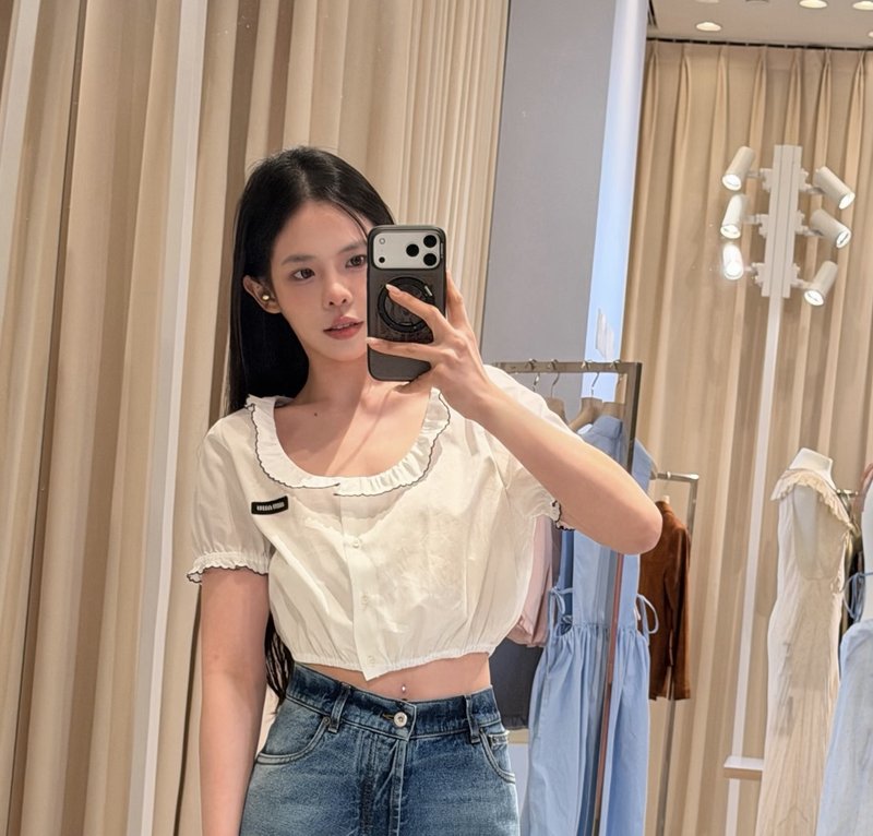 미우미우 스타일 레이스 짧은 흰 셔츠 001-232203