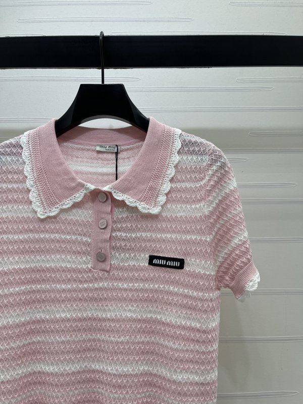 미우미우 칼라 스트라이프 니트 반팔 티셔츠 001-232212