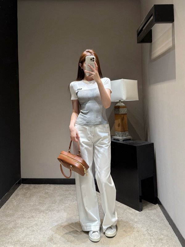 미우미우 스타일 컬러 블록 슬림 반팔 티셔츠 001-232308
