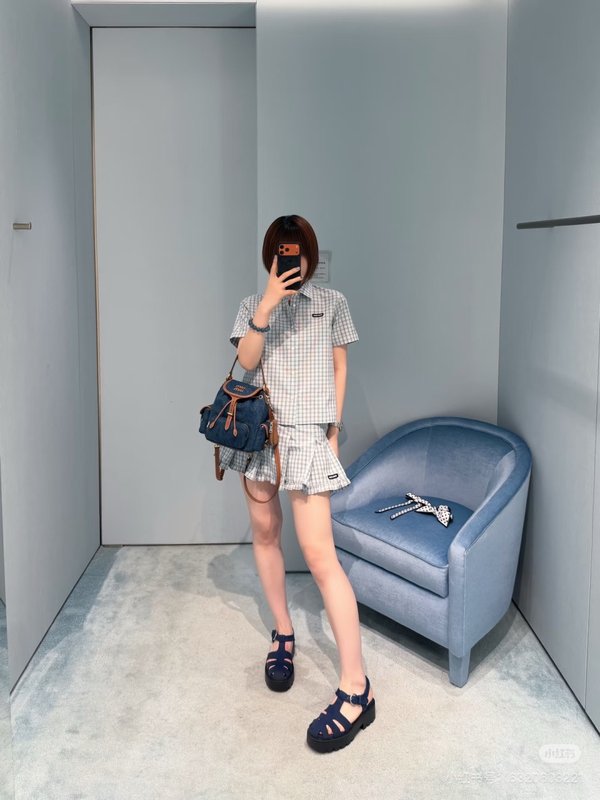 미우미우 연두색 체크 반팔 셔츠 001-232553
