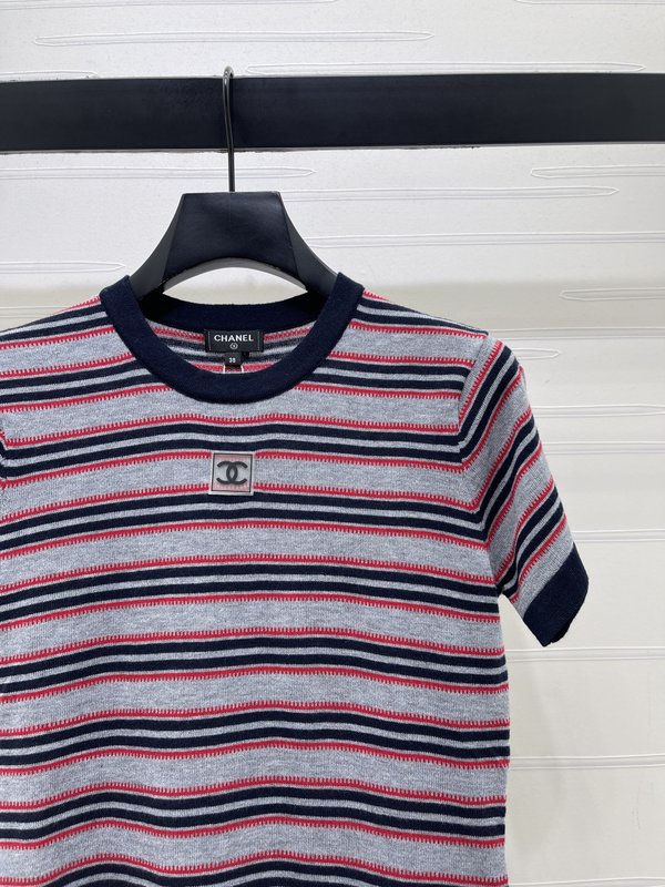 샤넬 빈티지 컬러 블록 스트라이프 라운드 니트 반팔 001-232637