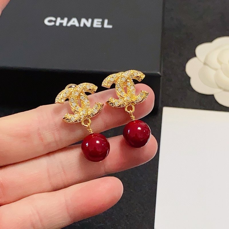 샤넬 스타일 더블 C 레드 진주 다이아몬드 귀걸이 001-235580