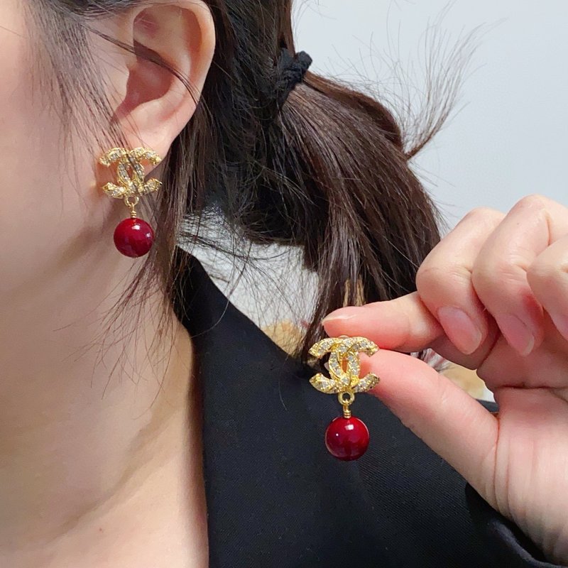 샤넬 스타일 더블 C 레드 진주 다이아몬드 귀걸이 001-235580