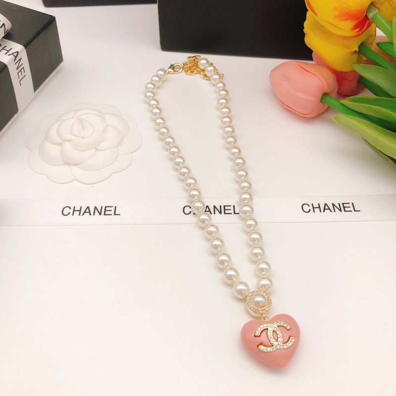 샤넬 스타일 핑크 진주 하트 목걸이 001-235653