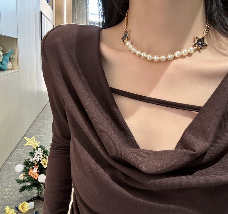 샤넬풍 블랙골드 별 진주 목걸이 001-235656