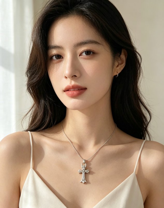 크롬하츠 스타일 미니 십자가 실버 목걸이 001-243516