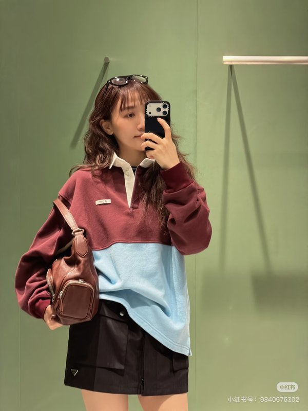컬러 블록 라펠 후드 긴팔 티셔츠 001-256001