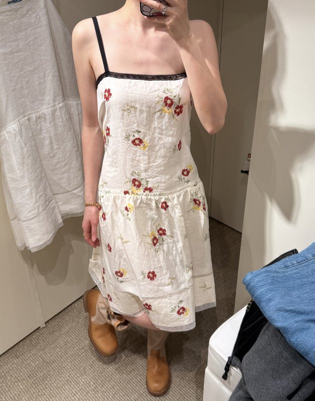 프라다 빈티지 레드 플라워 프린트 밀크 화이트 린넨 원 001-256070