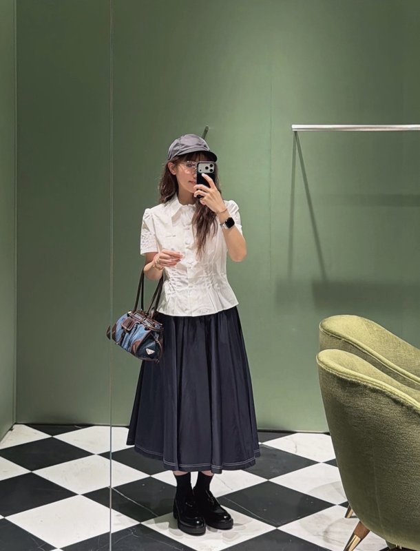 네이비 명선 미디 A 라인 스커트 001-256071