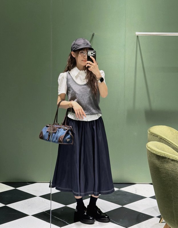 네이비 명선 미디 A 라인 스커트 001-256071
