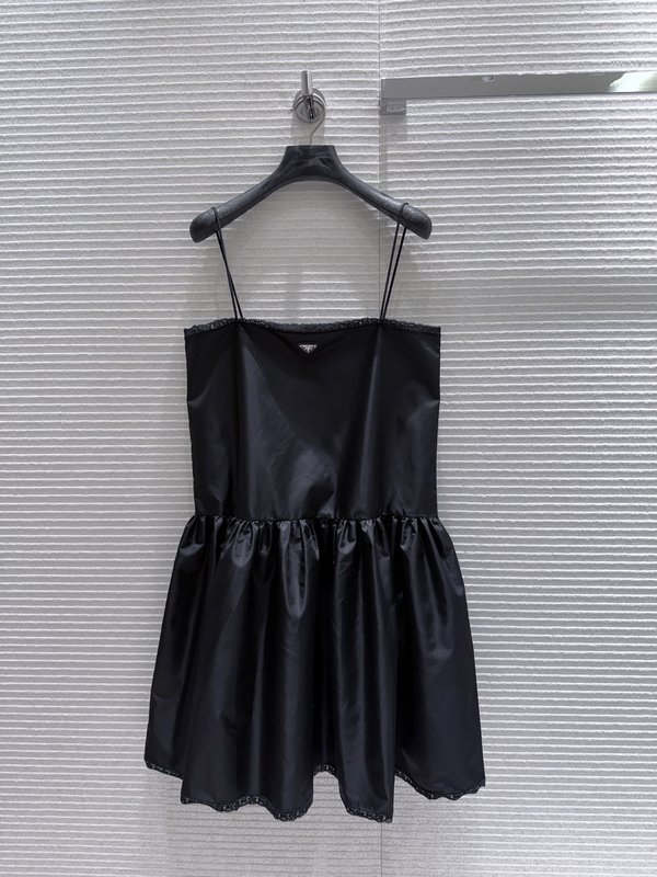 프라다 블랙 나일론 레이스 민소매 원피스 001-256157