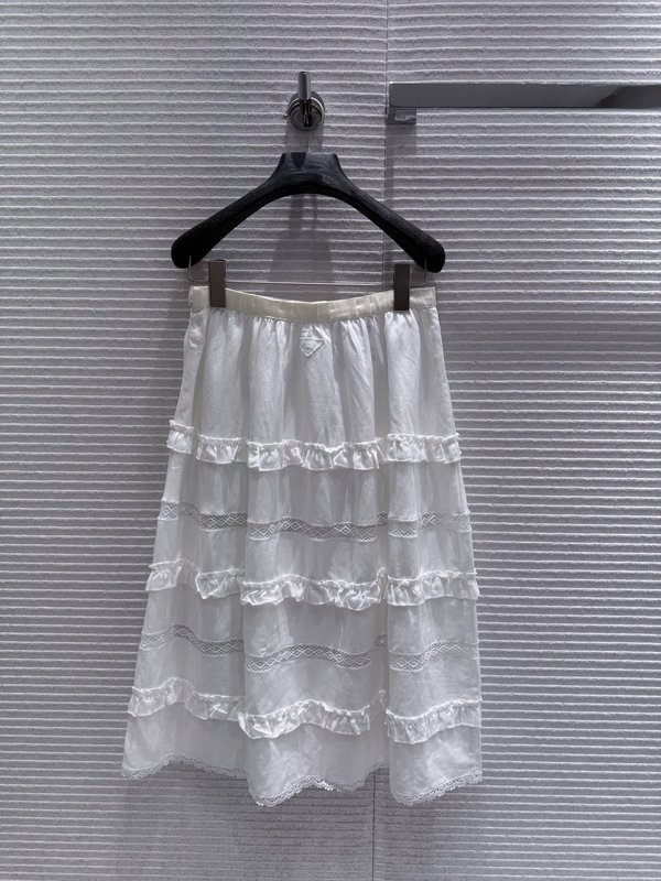 프라다 화이트 레이스 레이어드 하이웨이스트 스커트 001-256158