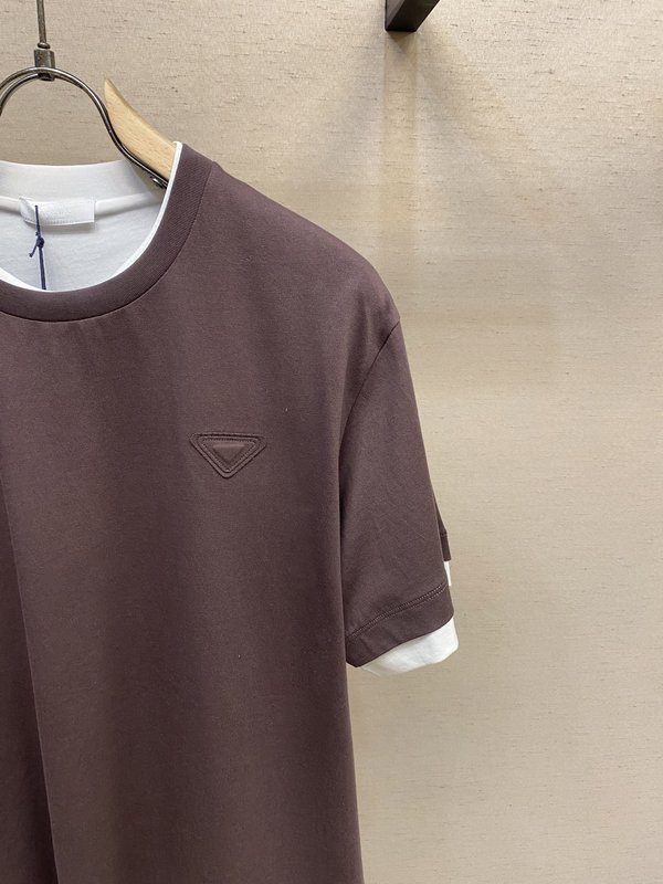 프라다 스플라이스 가짜 2 레이어 코튼 라운드 넥 티셔 001-256558