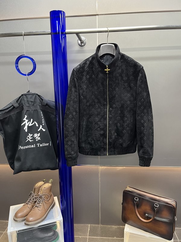 LV 반우피 레이저 엠보싱 스탠드칼라 가죽 자켓 001-267993