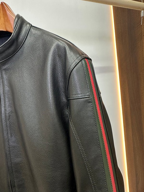 Gucci 클래식 웨빙 오토바이 가죽 자켓 001-268371