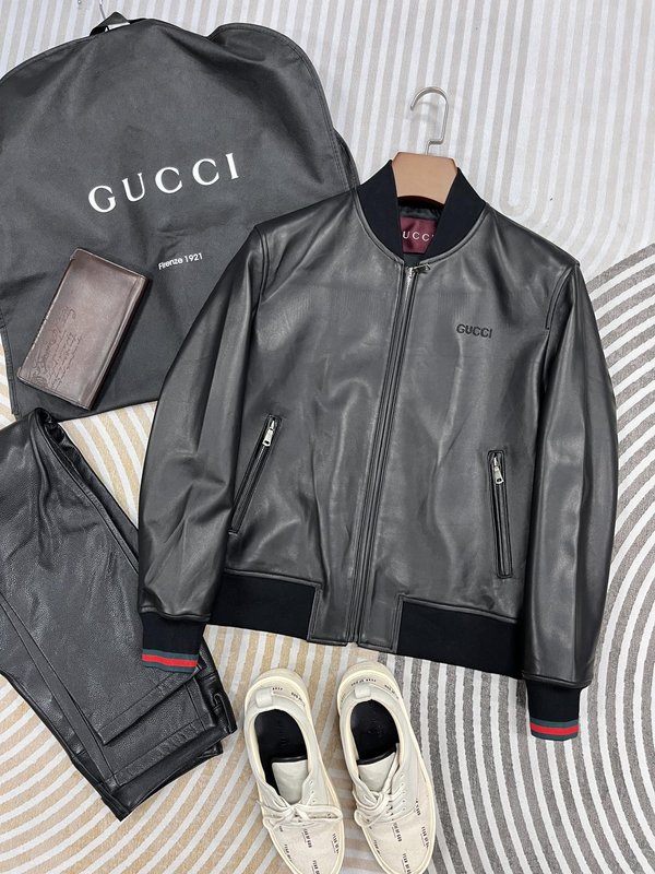 Gucci 정교한 자수 작은 로고 야구 점퍼 가죽 자켓 001-268374