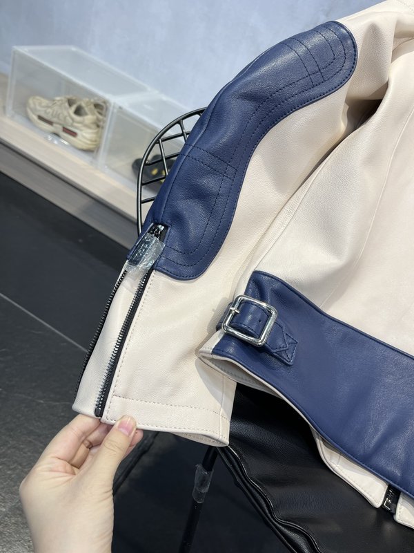 TODS 오토바이 가죽 재킷 블루 화이트 001-268402