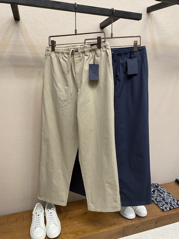 Prada 레터링 라벨 린넨 혼방 면 롱팬츠 001-275490