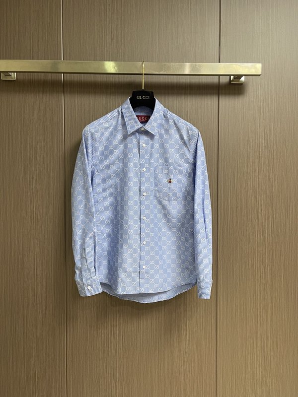 GUCCI 스트라이프 풀 로고 드롭 칼라 긴팔 셔츠 001-277955